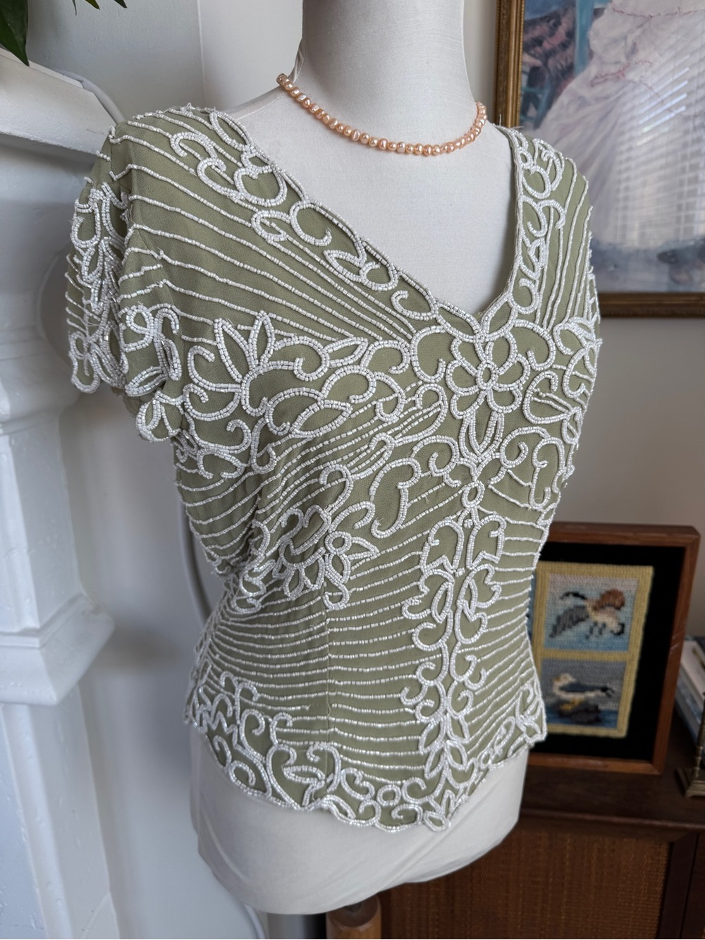 J Kara Sage Green V-Neck Beaded Floral Top